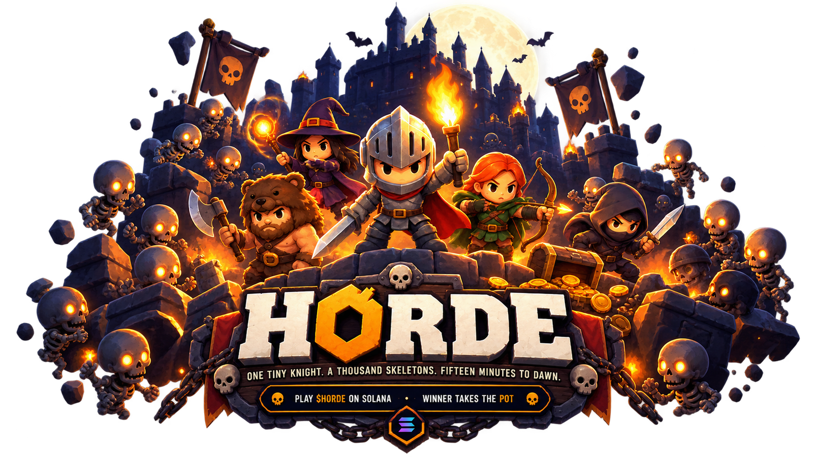 The five HORDE heroes surrounded by a glowing-eyed skeleton horde before a castle at night