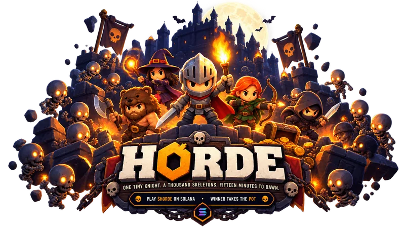 The five HORDE heroes surrounded by a glowing-eyed skeleton horde before a castle at night