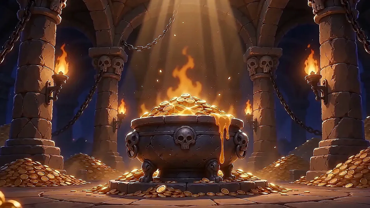 A burning cauldron of gold coins between skull-carved pillars in a treasure vault