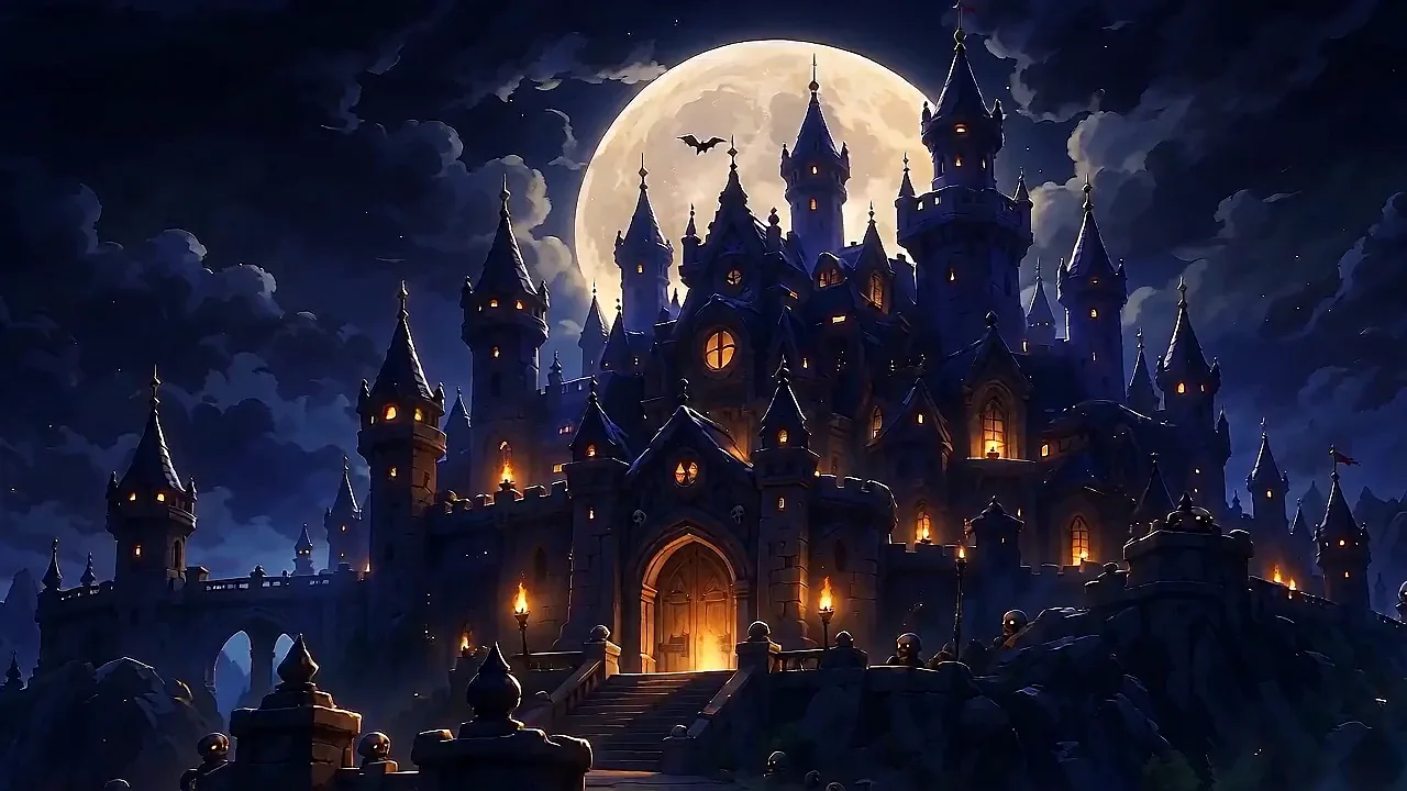 The castle gates lit by torches beneath a full moon